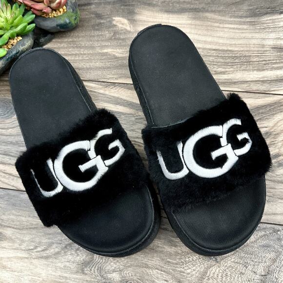 UGG Laton Fur Platform Slide Sandals Black Sheepskin 8 39 - Picture 3 of 12
